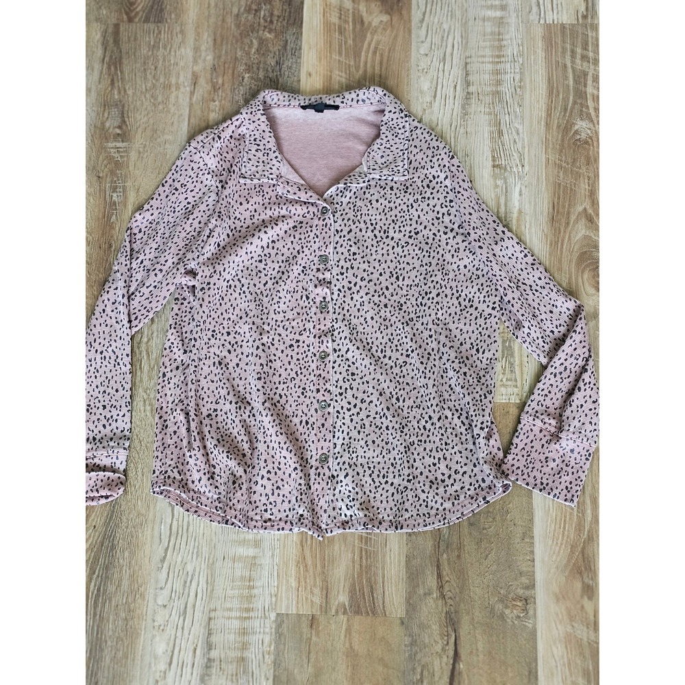 Jane + Delancey Pink Leopard‎ Print Waffle Knit Button Down Shirt Womens Large